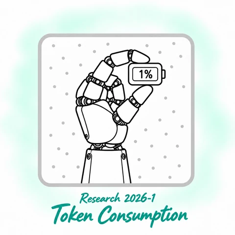 Sketch of a robotic hand holding a counter displaying 1%, illustrating AI Thinking's research into ChatGPT token consumption.