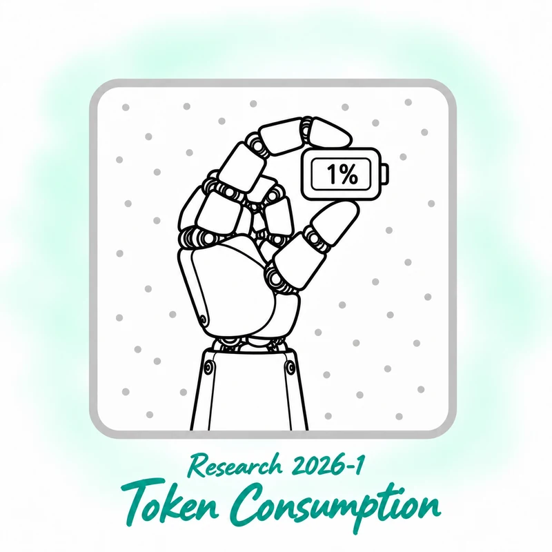 Sketch of a robotic hand holding a counter displaying 1%, illustrating AI Thinking's research into ChatGPT token consumption.