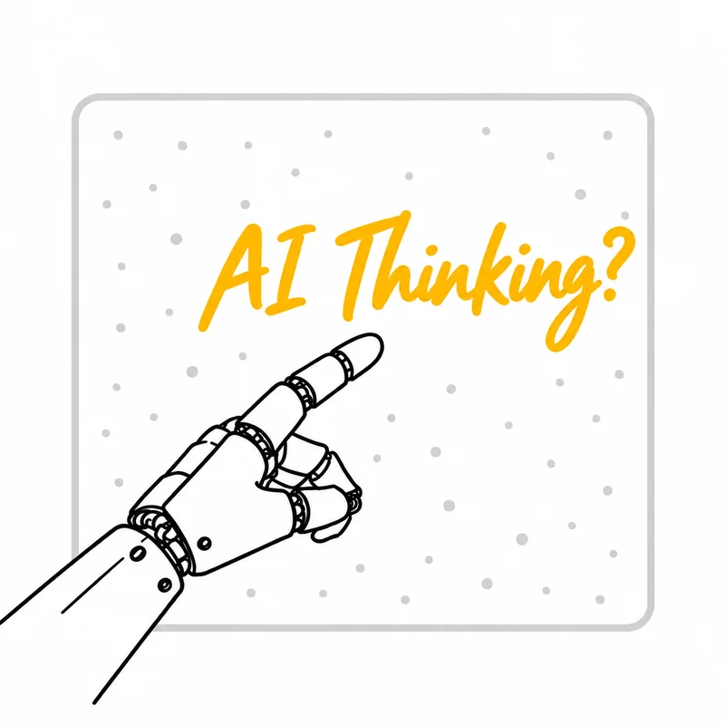 Black-and-white robotic hand pointing towards the words “AI Thinking?” in gold handwriting inside a grey dotted frame.