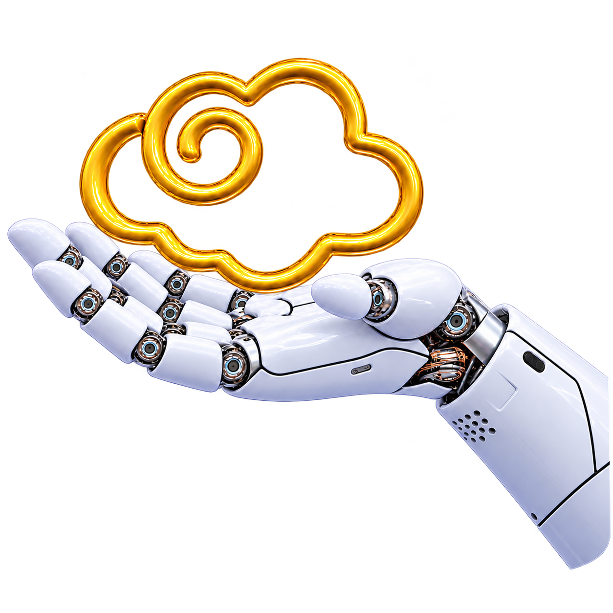 An open robotic hand supporting a golden cloud in front of a pale rounded square