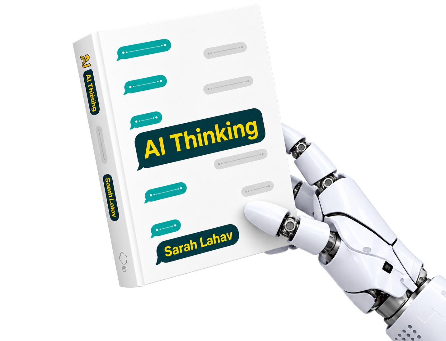 White robotic hand gripping AI Thinking by Sarah Lahav
