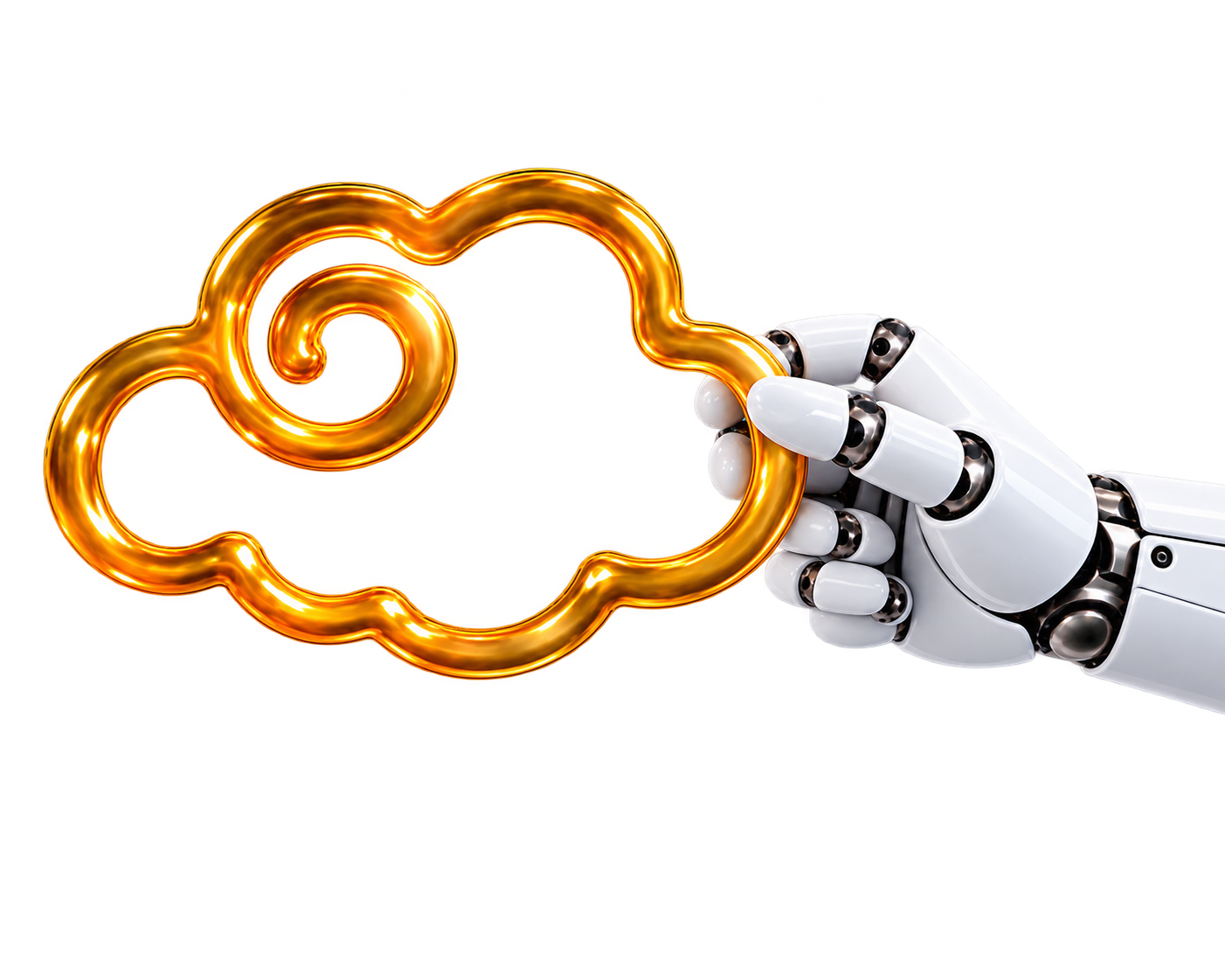 A white robotic hand gripping one side of the golden AI Thinking cloud