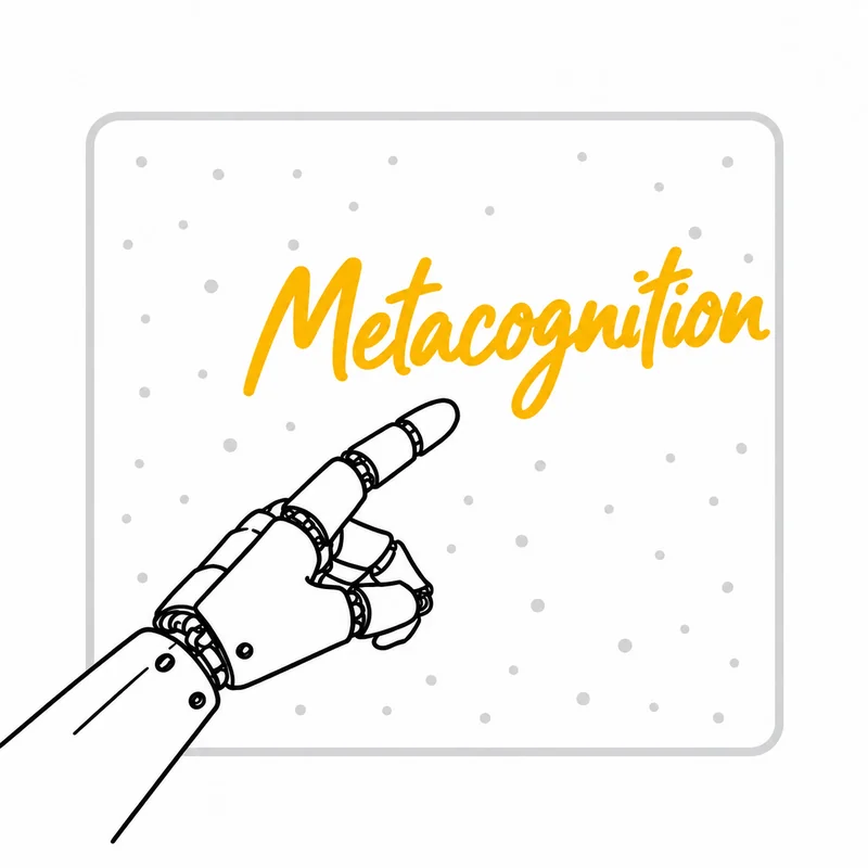 Black-and-white sketch of a mechanical robotic hand pointing towards the word “Metacognition” in gold handwriting inside a grey rounded frame with pale dots.