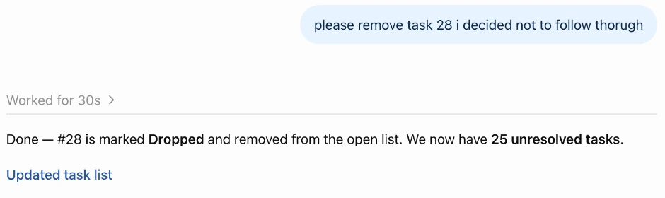 14:03:44 — Removing task 28 also produced an updated task list.