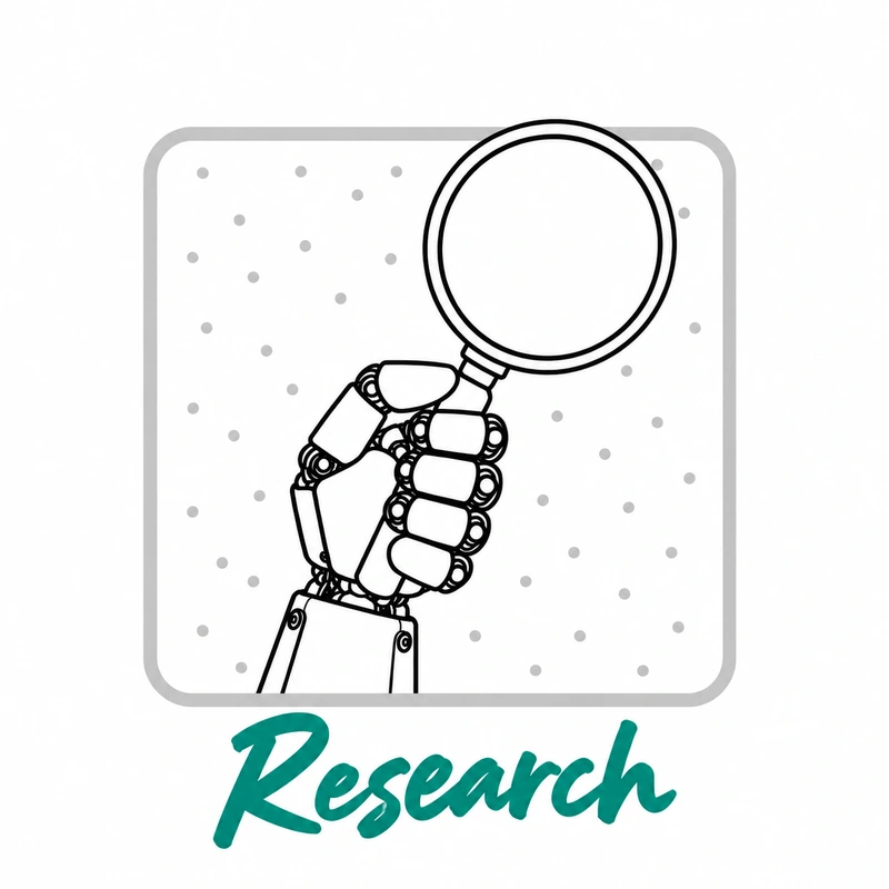 Black-and-white sketch robotic hand holding a magnifying glass within a dotted square