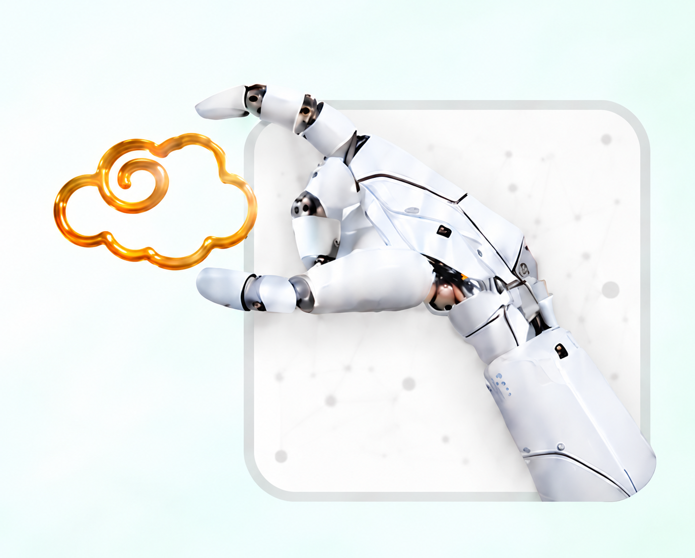 Robotic hand holding the golden AI Thinking cloud
