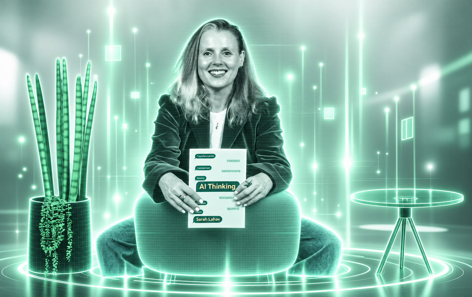 Sarah Lahav, author of AI Thinking, in a green holographic portrait