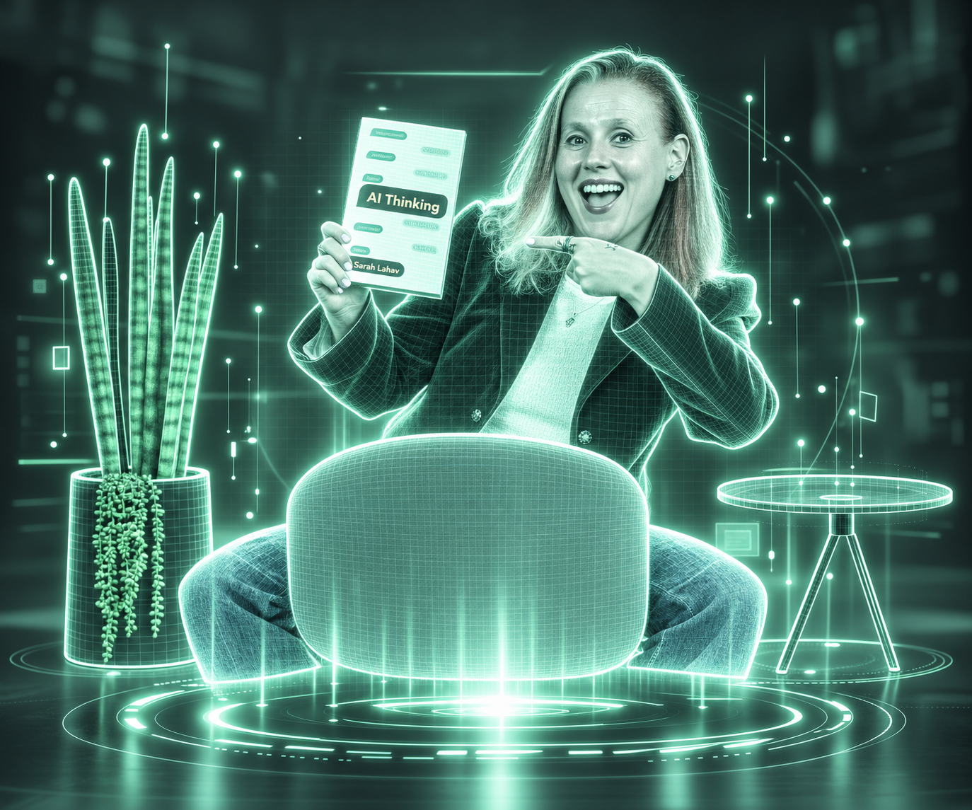 Sarah holding her AI Thinking book in a green holographic portrait