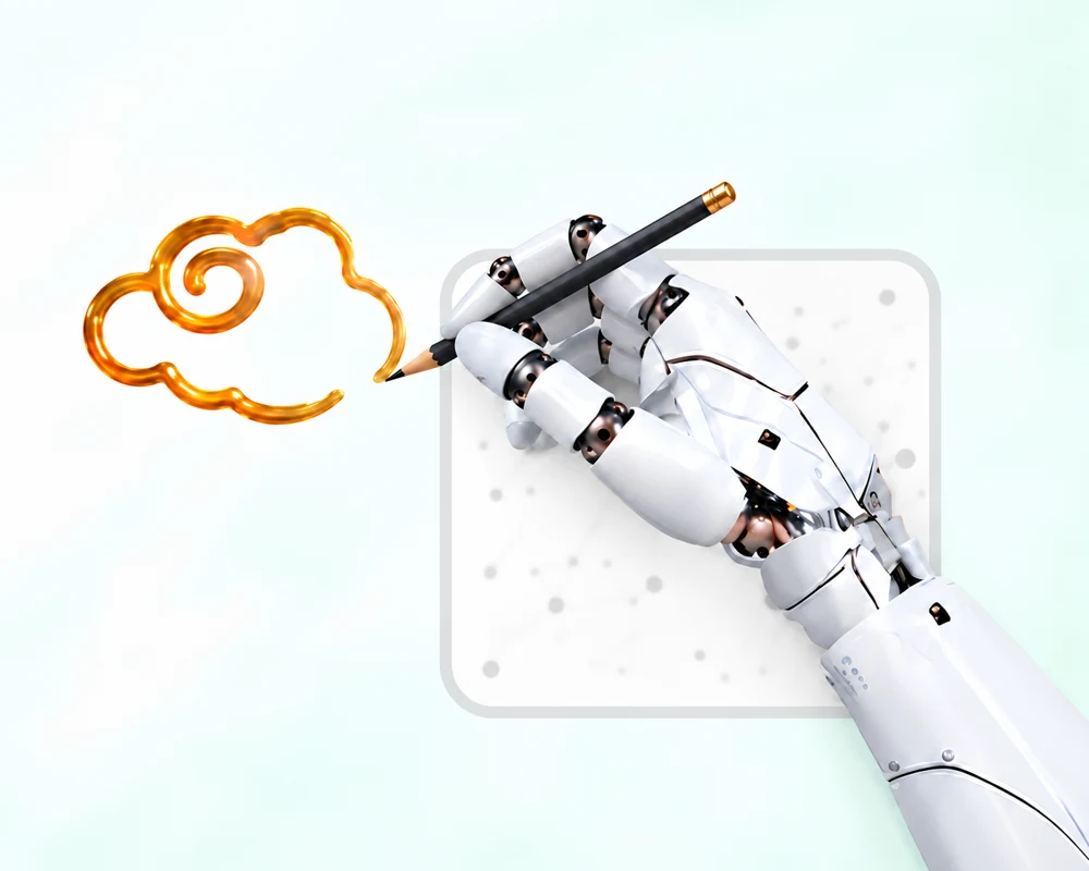 Robotic hand drawing a golden cloud with a pencil