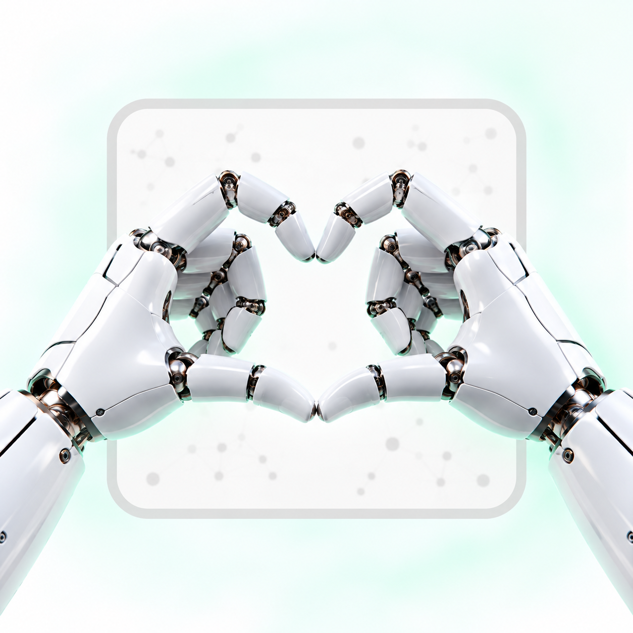 Two robot hands forming a heart in front of a dotted square with a soft green glow