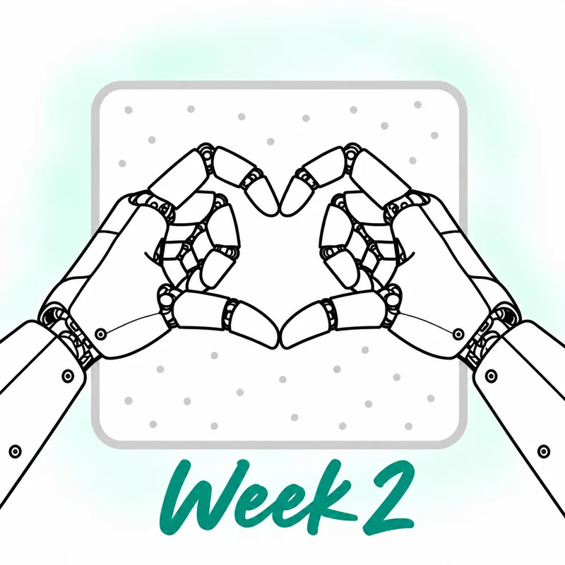 Two black-and-white sketch robotic hands forming a heart in front of a grey dotted frame, with green handwritten “Week 2” below.