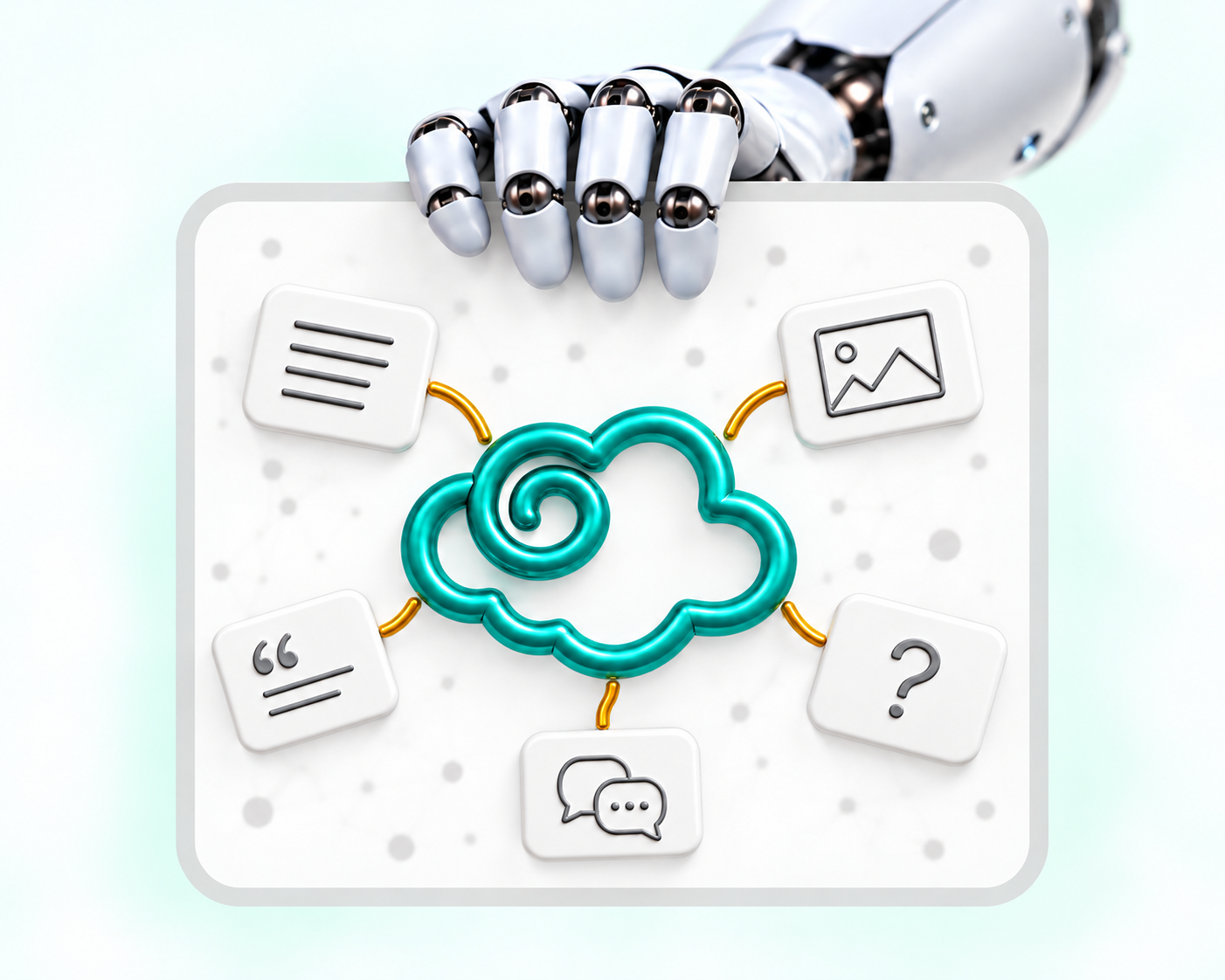 Silver robot hand gripping the top of a square frame containing the teal cloud and information cards